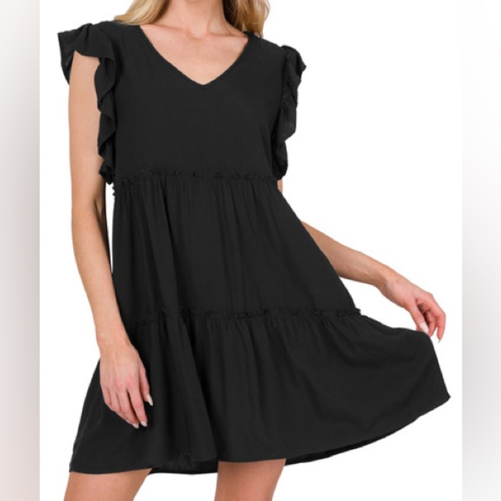 V-Neck Ruffle Sleeve Tiered Mini Dress
